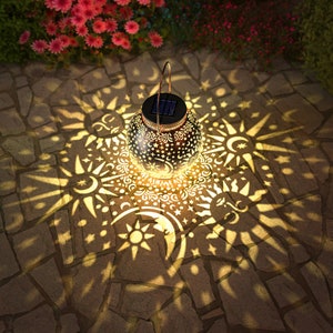 2 Pack Solar Lights Outdoor Garden Decor Hanging Solar Garden Lights for Table Design with Moon Star Sun LED image 2