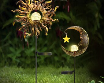 Garden Solar Lights Outdoor Decorations Waterproof Decorative Metal Sun Crackle Glass for Patio Pathway Walkway Yard Backyard Decor (Copper)