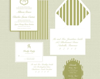 May include: Wedding invitation suite with olive green and white accents. Includes invitation, reply card, envelope, details card, and address cards. The invitation features the names Allison Grace and Charles Lucas Carter.