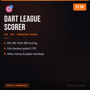 Może przedstawiać: Cyfrowy interfejs do punktacji w lidze darta z ciemnym tłem i pomarańczowymi akcentami. Tekst zawiera DART LEAGUE SCORER, 501 301 CHECKOUT GUIDE, 501, 301, 701 & 1001 scoring, Full checkout guide 2-170 oraz Stats, history & player standings.