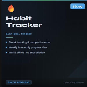 Puede incluir: Anuncio de producto digital "Habit Tracker". El fondo azul oscuro presenta texto blanco que dice "Habit Tracker" y "Daily Goal Tracker". Las viñetas resaltan características como el seguimiento de rachas, las vistas de progreso semanales y la funcionalidad sin conexión. El precio es de 6,99 €.