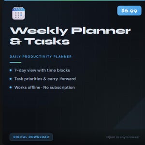 Könnte beinhalten: Grafik für digitalen Download mit dem Text "Weekly Planner & Tasks" und "Daily Productivity Planner". Funktionen umfassen eine 7-Tage-Ansicht, Aufgabenprioritäten und Offline-Funktionalität. Der Preis wird mit 6,99 € angezeigt.