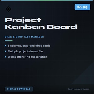 May include: A digital advert for a Project Kanban Board, with a dark blue background and white text. The text reads "Project Kanban Board" and "Drag & Drop Task Manager." Features include 5 columns and offline use. A blue box displays the price.