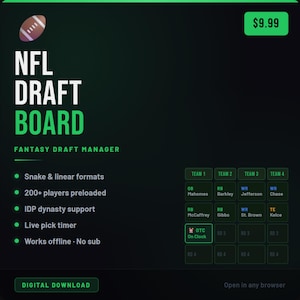 NFL Fantasy Draft Board – Snake, Dynasty, IDP, Live Timer (Digital Download)