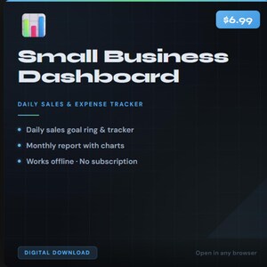 May include: A digital product image titled "Small Business Dashboard". The image features the text "Daily Sales & Expense Tracker" and bullet points detailing features. The price is displayed as $6.99. The product is available as a digital download.
