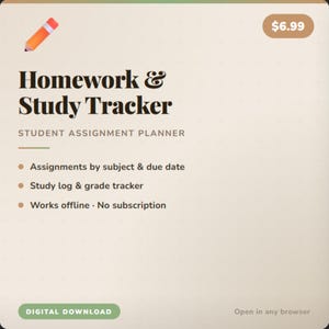 Op de afbeelding: Afbeelding van een digitaal downloadproduct met de tekst "Homework & Study Tracker" en "Student Assignment Planner". Bevat opdrachten per vak en vervaldatum, een studie logboek en werkt offline. Een potloodafbeelding staat linksboven.