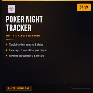 Peut inclure: Une interface numérique de Poker Night Tracker avec un fond noir et des accents orange. Le texte indique Poker Night Tracker, Buy-in & Payout Manager, et liste des fonctionnalités comme le suivi des buy-ins, rebuys, jetons, un calculateur de gains et un classement.