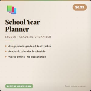 Könnte beinhalten: Grafik zum digitalen Download für einen Schuljahresplaner. Der Text enthält "Aufgaben, Noten & Test-Tracker" und "Akademischer Kalender & Zeitplan". Der Planer ist ein akademischer Studentenorganisator, der offline ohne Abonnement funktioniert.
