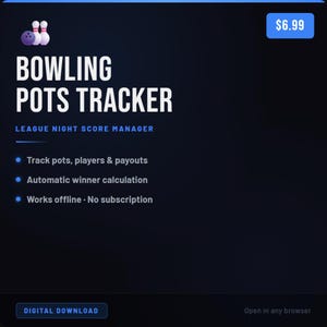 Puede incluir: Gráfico digital para un rastreador de botes de bolos. El título "BOWLING POTS TRACKER" está en blanco. Realiza un seguimiento de botes, jugadores y pagos, calcula ganadores automáticamente y funciona sin conexión. Fondo azul oscuro.