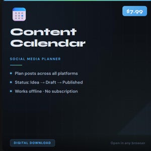 May include: Digital download graphic for a social media content calendar. The title "Content Calendar" is in large white letters. Features include planning posts, tracking status, and offline use. A small calendar icon is in the upper left corner.