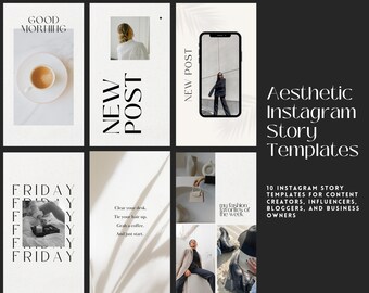 Könnte beinhalten: Eine Sammlung von zehn digitalen Instagram-Story-Vorlagen mit einer neutralen Farbpalette, Serifentypografie und verschiedenen Layouts. Die Designs enthalten Platzhalter für Bilder und Texte wie Good Morning, New Post, Friday und My fashion favorites of the week.