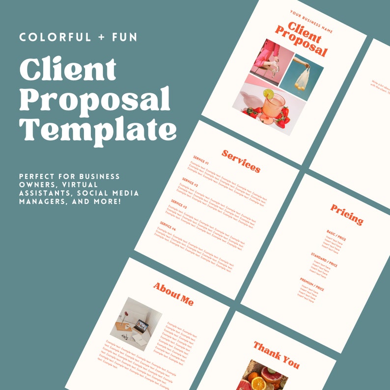 K&ouml;nnte beinhalten: Eine digitale Kundenangebotsvorlage mit wei&szlig;en Seiten und orangefarbenem Text auf blaugr&uuml;nem Hintergrund. Das Layout enth&auml;lt Abschnitte f&uuml;r Dienstleistungen, Preise und eine &Uuml;ber-mich-Seite mit Platzhalterbildern von Getr&auml;nken und Obst.
