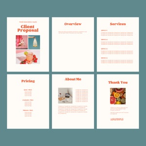 K&ouml;nnte beinhalten: Eine sechsseitige Kundenangebotsvorlage mit cremefarbenen Seiten und orangefarbenem Text. Die Abschnitte umfassen Client Proposal, Overview, Services, Pricing, About Me und Thank You. Das Layout enth&auml;lt Fotoeinsch&uuml;be von Fr&uuml;chten und B&uuml;roartikeln.