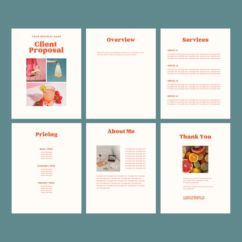 K&ouml;nnte beinhalten: Eine sechsseitige Kundenangebotsvorlage mit cremefarbenen Seiten und orangefarbenem Text. Die Abschnitte umfassen Client Proposal, Overview, Services, Pricing, About Me und Thank You. Das Layout enth&auml;lt Fotoeinsch&uuml;be von Fr&uuml;chten und B&uuml;roartikeln.