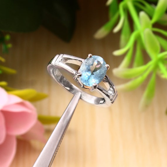 Natural Aquamarine Ring 7x9 MM Oval Cut Gemstone Ring March
