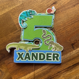 May include: Green number five cake topper featuring a chameleon, snake, frog, and alligator. The topper also includes the name "Xander".