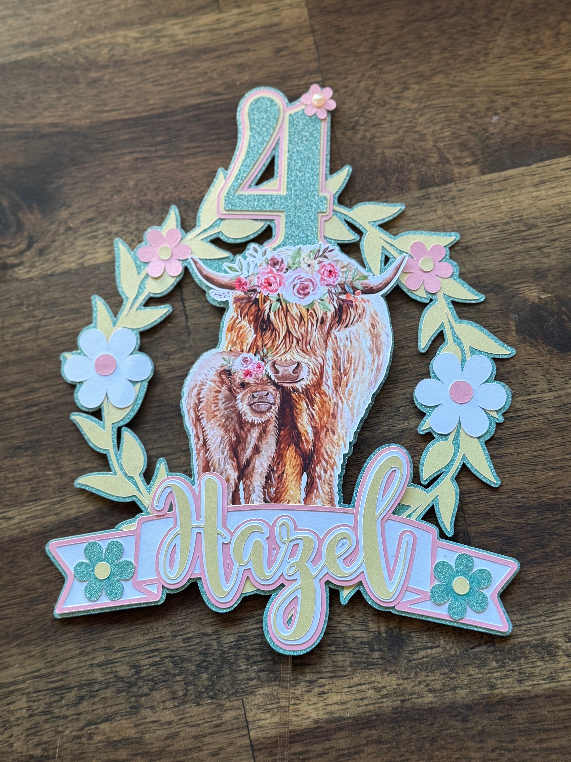 Gold Glitter Highland Cow Cake Topper
