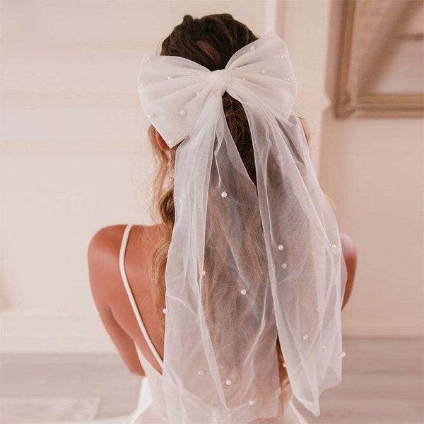 Voile de perles de mariage avec noeud, voile de tulle doux pour la mariée, voile de mariée blanc/ivoire, voile court avec peigne, accessoires pour cheveux de noeud, cadeau pour elle