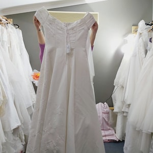 White Embroidered a Line Gown, Off the Shoulder Wedding Dress, Floral Detail, Cap Sleeves, Elegant Bridal Gown, Floor Length Formal Dress