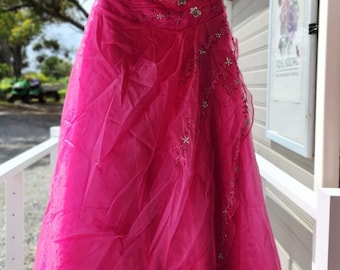Pink Off-Shoulder Ball Gown, Lace Wedding Dress, Wool Ruffle, Size 18-20