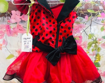 Red Lady Bird Costume for Kids Birthday Party, Girls Sleeveless Fancy Polka Dot Print Costume, Peter Pan Collar, Zipper Placket, Size 4 to 5