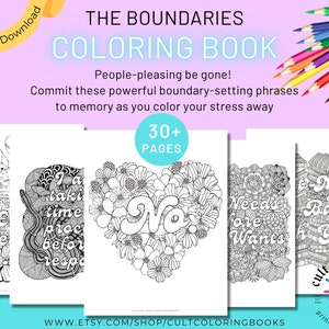 Boundaries: a Mental Health Art Therapy Adult Coloring Book, 28 Pages, PDF Printable Digital Files, Gift for Therapist, Therapy Office Decor