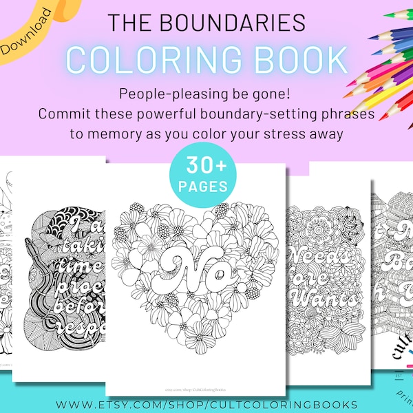 Boundaries: a Mental Health Art Therapy Adult Coloring Book, 28 Pages, PDF Printable Digital Files, Gift for Therapist, Therapy Office Decor