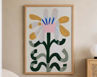 Modern Folk Flower Print, Colorful Botanical Artwork, Eclectic Wall Decor