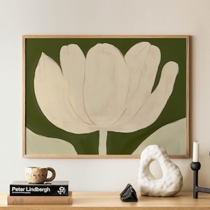 Framed White Tulip Print: Abstract Floral Landscape, Modern Green Wall Art