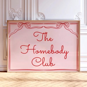 The Homebody Club Framed Horizontal Poster, Trendy Aesthetic Physical Print, Cute Girly Above Bed Wall Art, Horizontal Pink Typography Print