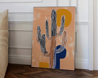 Modern Cactus Wall Art Print – Abstract Desert Botanical Poster, Mid-Century Style Home Decor