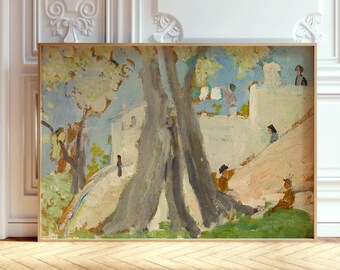 Mediterranean Village Painting Print: Vintage Rustic Landscape Wall Art