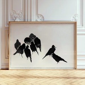 Impresión artística de pájaro en blanco y negro / Arte de pared minimalista con marco simple / Impresión moderna monocromática / Póster estético escandinavo