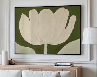Botanical Modern Tulip Art - Olive Green Framed Print - Minimalist Cream Flower Painting - Contemporary Floral Wall Decor - Zen Home Art