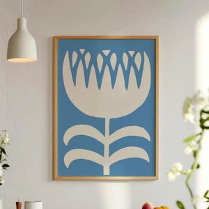 Blue & White Abstract Flower Print: Modern Scandinavian Wall Art