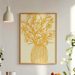 Impresión artística de líneas florales amarillas, arte mural minimalista moderno, póster botánico bohemio, dibujo de flores en jarrón, decoración con o sin marco.