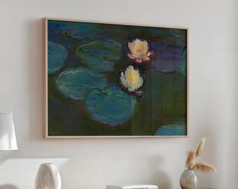 Lámina decorativa de estanque de nenúfares, paisaje floral impresionista, decoración botánica en tonos verdes.