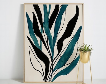 Modern Botanical Canvas Wall Art, Minimalist Tropical Leaf Painting, Teal Black Abstract Plant Decor