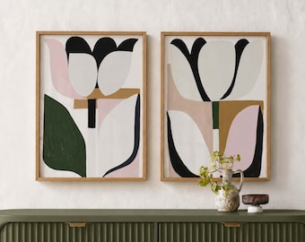 Set of 2 Abstract Tulip Prints, Modern Floral Wall Art, Minimalist Botanical Posters