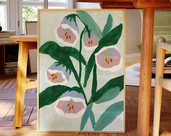 Lámina decorativa botánica de tulipanes azules para pared: póster floral expresivo para la decoración moderna del hogar.