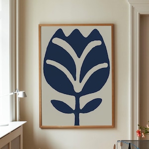 Navy Blue Floral Abstract Print: Modern Scandinavian Wall Art