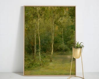 Cuadro mural de paisaje forestal melancólico, pintura vintage de bosque sobre lienzo, decoración de lienzo de naturaleza verde