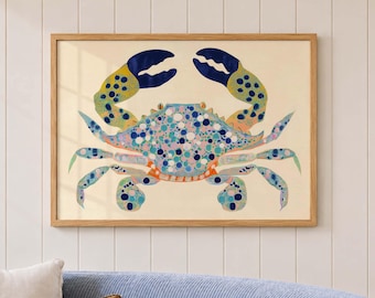 Colorful Crab Wall Art, Coastal Animal Print, Blue Crab Poster, Whimsical Beach Decor