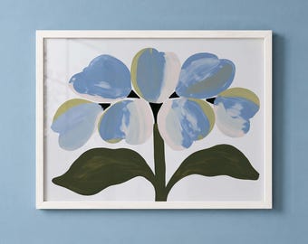 Blue Floral Print, Scandinavian Wall Art, Modern Botanical Poster, Minimalist Flower Decor