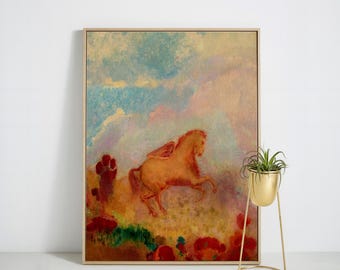 Cuadro de pared mitológico de Pegaso / Decoración simbolista de tonos cálidos y oníricos