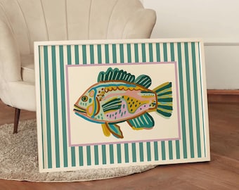 Colorful Fish Wall Art, Striped Coastal Print, Modern Beach House Decor