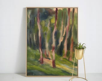 Arte abstracto de bosque para pared, pintura de bosque en acuarela sobre lienzo, decoración de naturaleza verde sobre lienzo