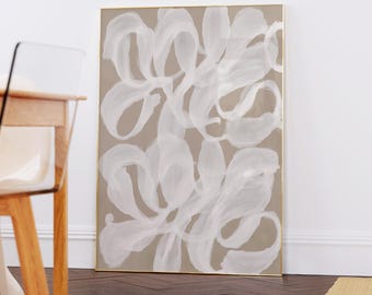 Lámina decorativa abstracta neutra para pared, pintura minimalista con pinceladas beige, decoración escandinava moderna.