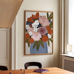 Large Floral Wall Art Print – Colorful Still Life Bouquet in Blue Vase, Modern Botanical Painting for Bedroom, Living Room or Entryway