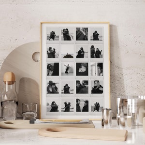 May include: A black and white photo collage in a gold frame, featuring a couple embracing in various poses. The photos are arranged in a grid pattern, creating a modern and minimalist aesthetic.
